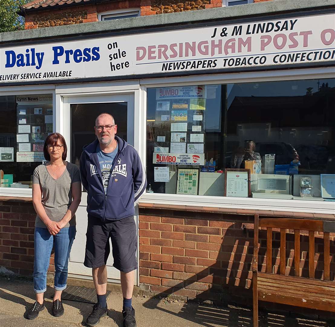 Fraser and Maria Lindsay outside the Dersingham Post Office which is also their family home